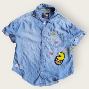 Justice Girls Pac Man Denim Top Juniors Sz M Blue Snap Short Sleeve Ghost Gang